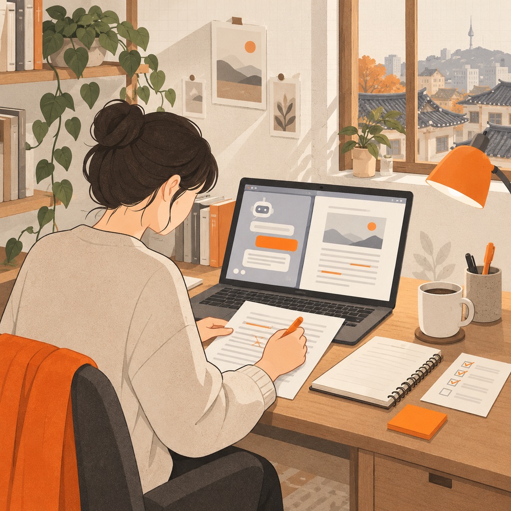 집 책상에서 노트북의 AI 화면과 초안을 나란히 두고, 출력한 결과물에 주황 펜으로 고칠 곳을 표시하며 과제를 연습하는 구직자